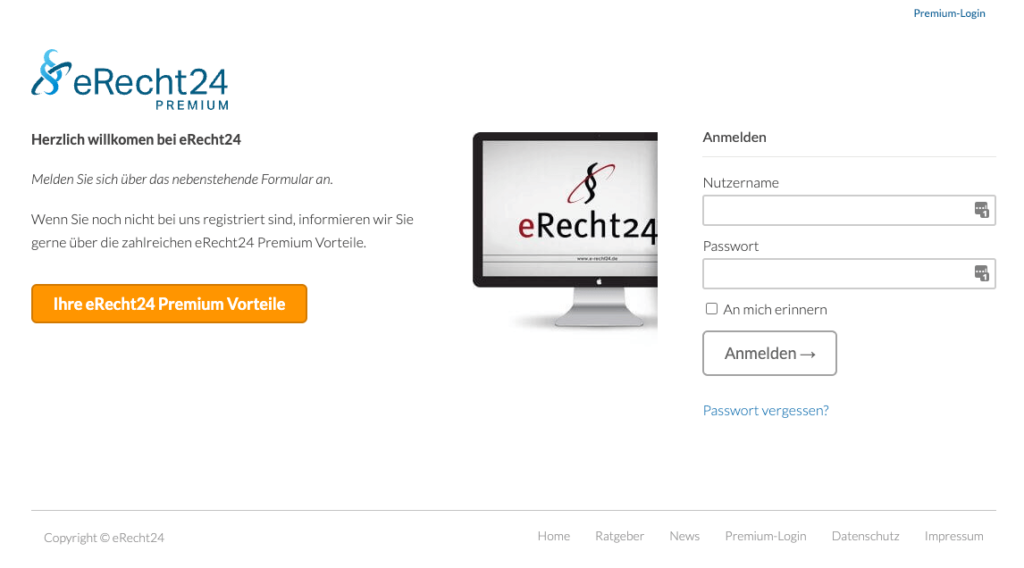 eRecht24 Premium anmelden