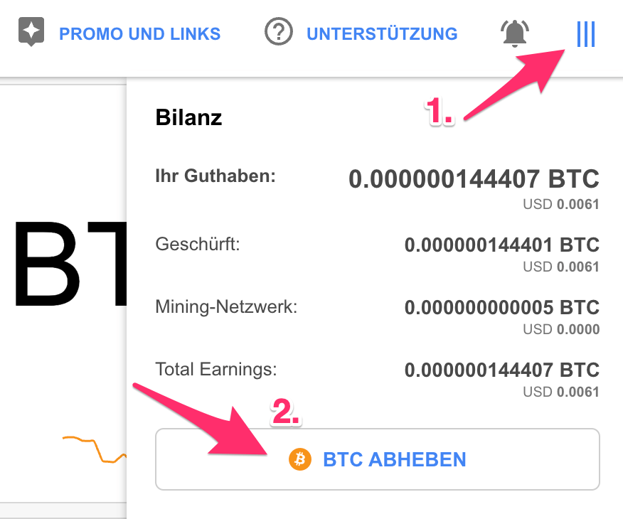 CryptoTab Bitcoins abheben