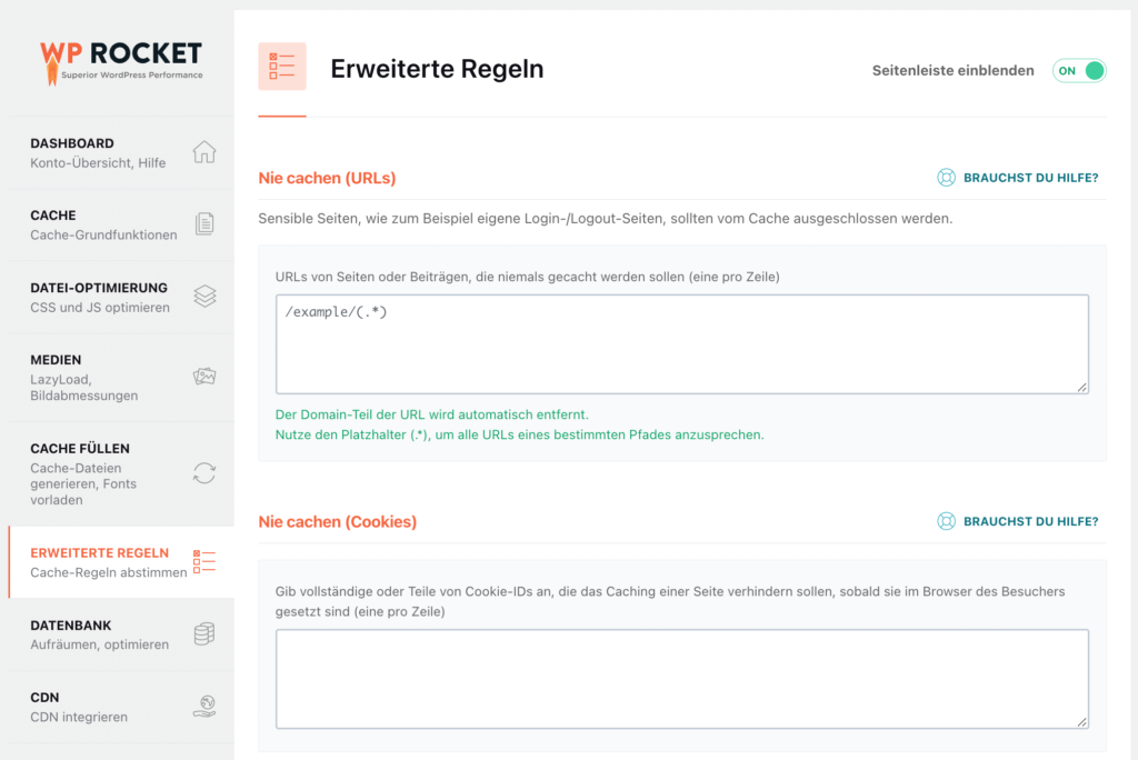 WP Rocket Erweiterte Regeln