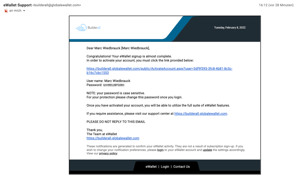 eWallet Registrierungs Mail