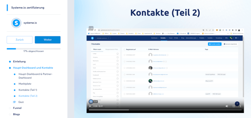 Blick in ein Modul der Systeme.io Zertifizierung
