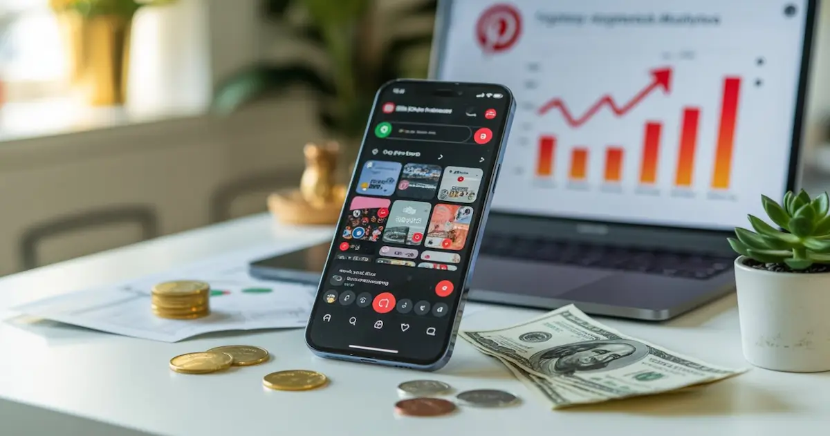 Handy steht auf dem Schreibtisch und hat Pinterest App geöffnet