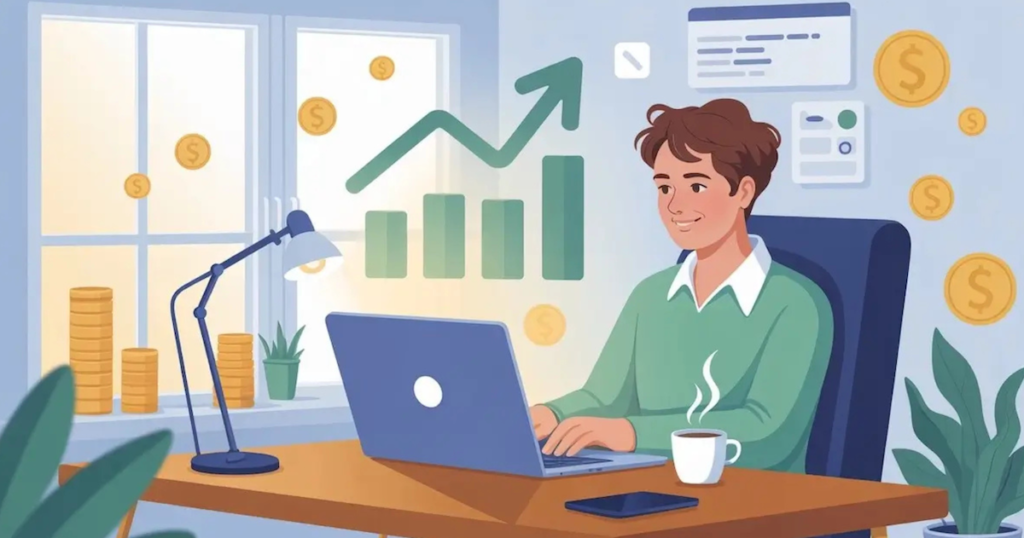 Mann sitzt am Schreibtisch hinter seinem Laptop