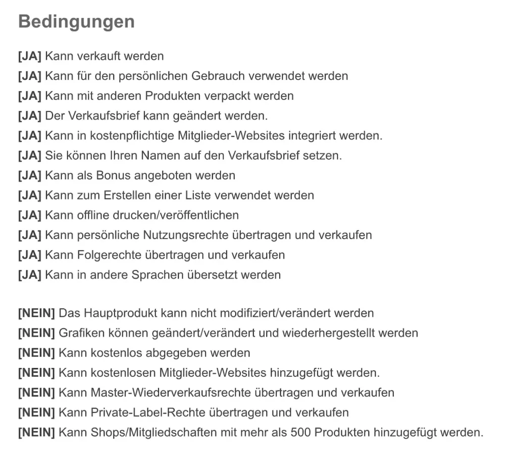 Auflistung von Bedingungen zu Resell Rights